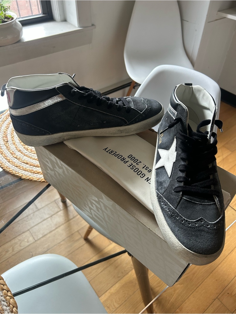 Golden Goose Black High-Top Sneakers with White Star and Silver Accent